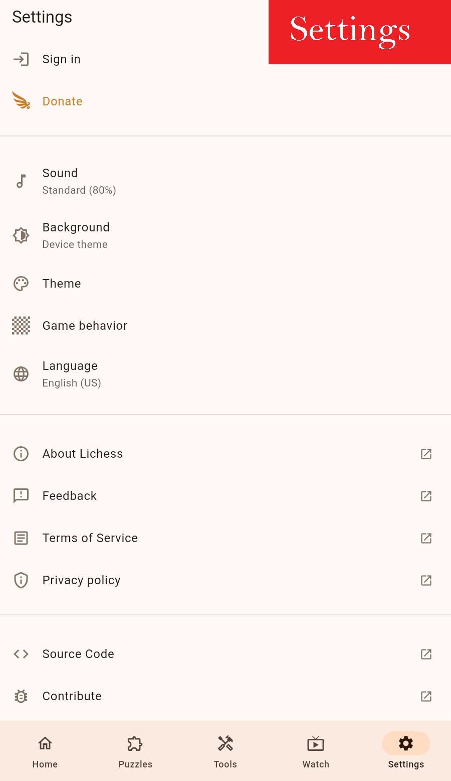 Settings of Lichess App